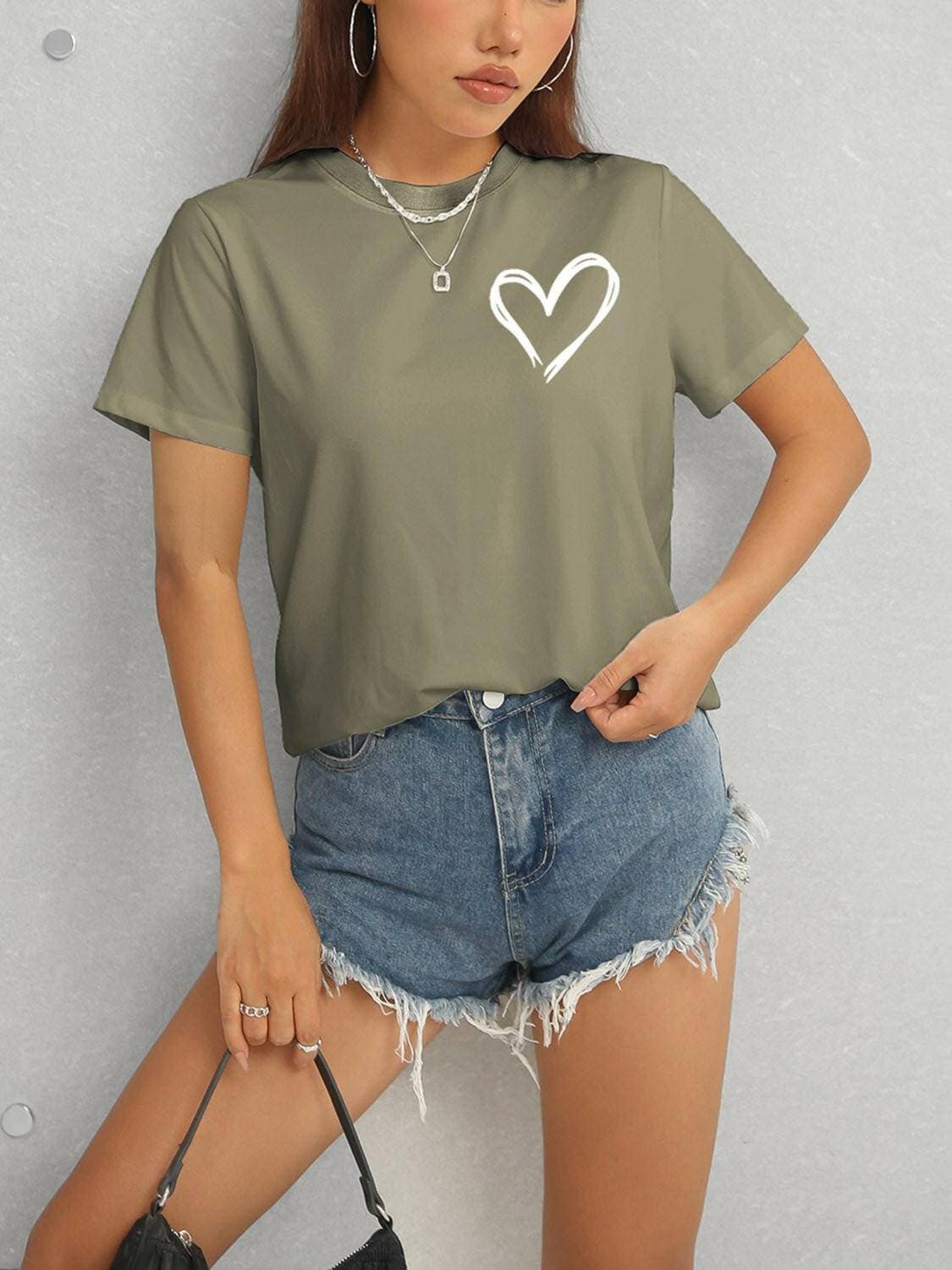 Heart Design Casual Round Neck Tee with Short Sleeves - Love Salve 