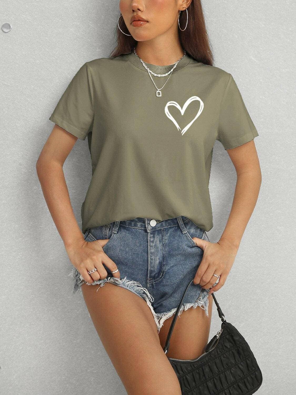 Heart Design Casual Round Neck Tee with Short Sleeves - Love Salve 