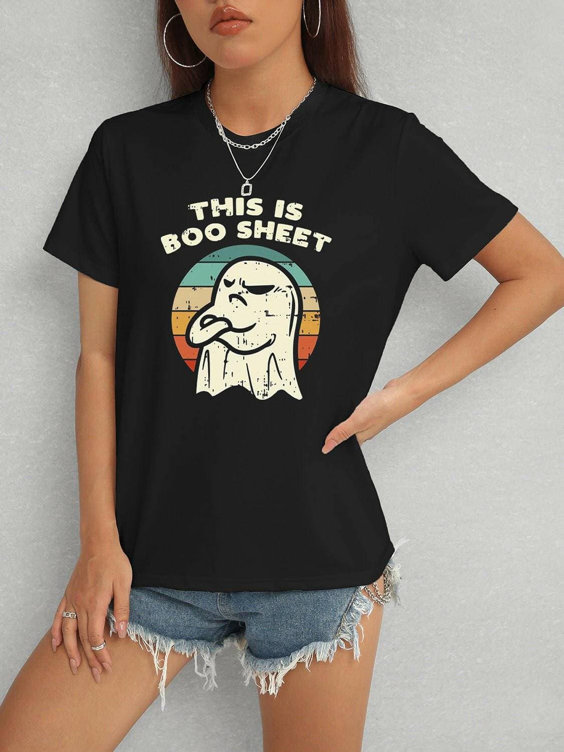 Whimsical "THIS IS BOO SHEET" Graphic TeeUnleash Your Style with the Whimsical "THIS IS BOO SHEET" Graphic Tee
 Indulge in a fashion-forward statement with the THIS IS BOO SHEET Round Neck T-Shirt. Elevate Love Salve BOO SHEET" Graphic TeeGraphic