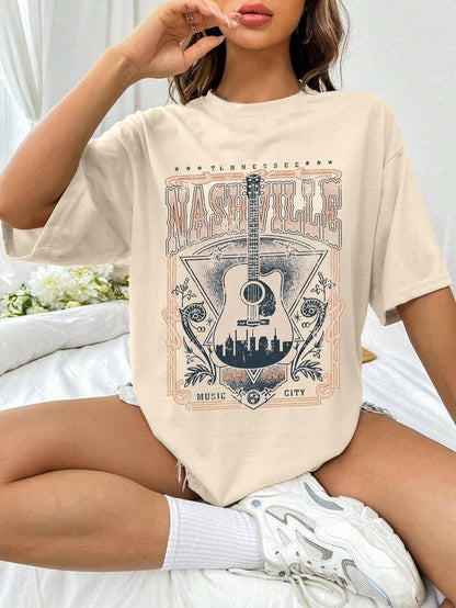 Guitar Print Casual Short Sleeve Tee with Round Neck - Love Salve 