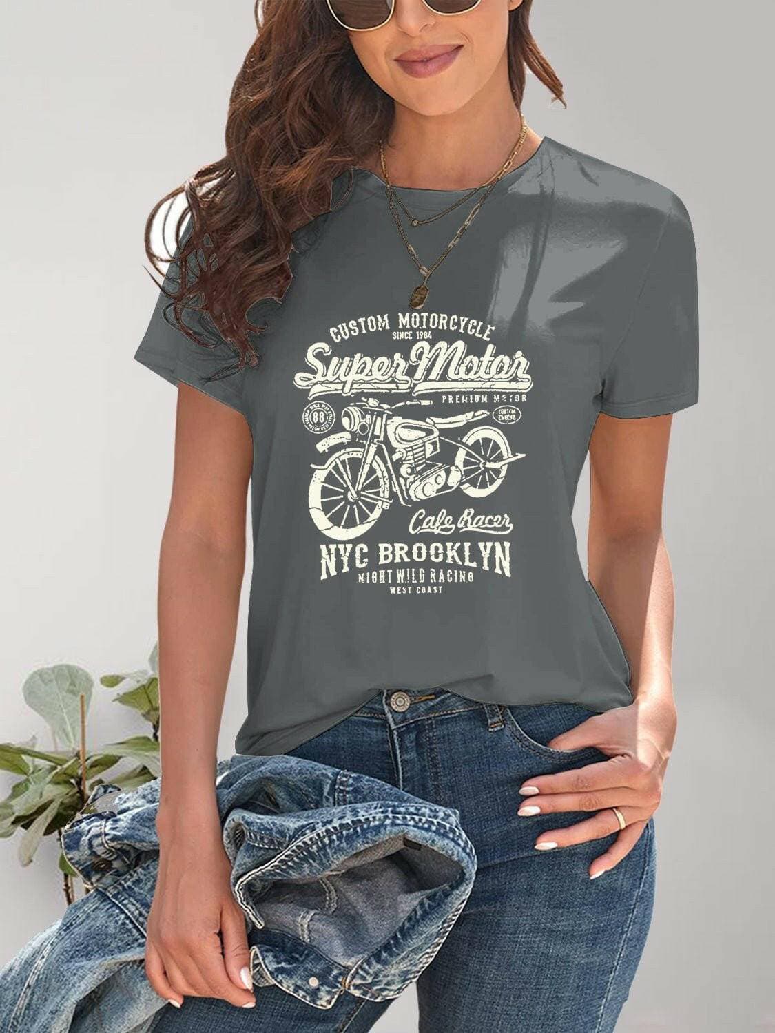 Rev Up Your Style with Motorcycle Graphic TeeRev Up Your Style with Motorcycle Graphic Tee
 Introducing our Motorcycle Graphic Round Neck T-Shirt, the perfect addition to your wardrobe for all motorcycle enthusLove Salve Motorcycle Graphic TeeGraphic