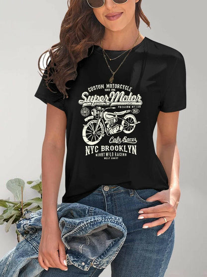 Rev Up Your Style with Motorcycle Graphic TeeRev Up Your Style with Motorcycle Graphic Tee
 Introducing our Motorcycle Graphic Round Neck T-Shirt, the perfect addition to your wardrobe for all motorcycle enthusLove Salve Motorcycle Graphic TeeGraphic