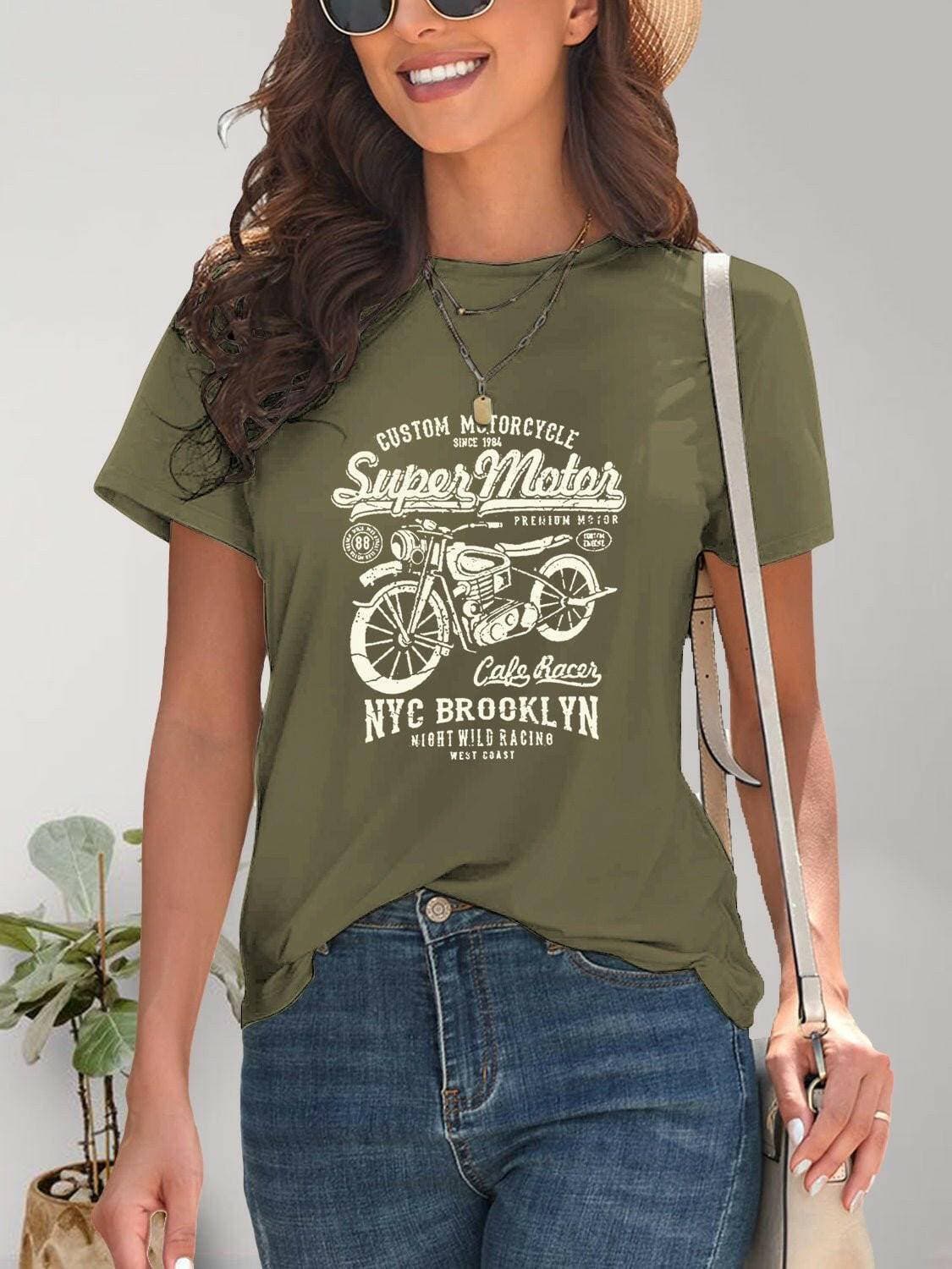 Rev Up Your Style with Motorcycle Graphic TeeRev Up Your Style with Motorcycle Graphic Tee
 Introducing our Motorcycle Graphic Round Neck T-Shirt, the perfect addition to your wardrobe for all motorcycle enthusLove Salve Motorcycle Graphic TeeGraphic