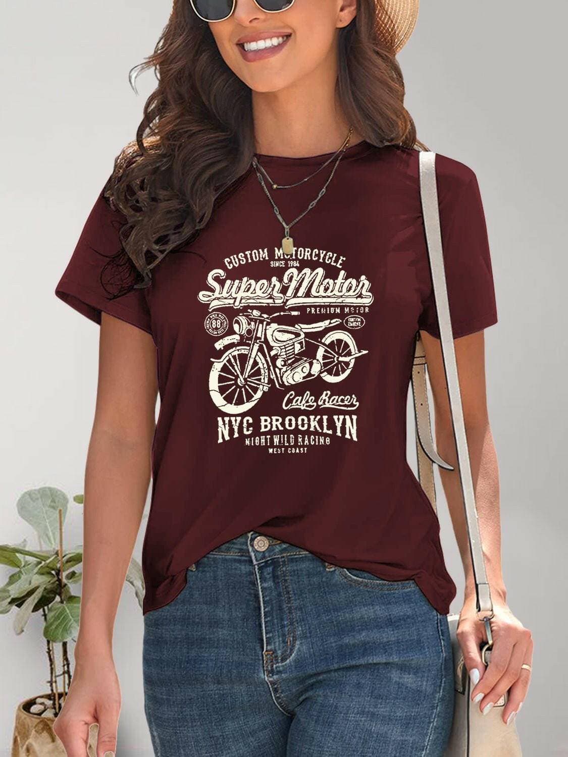 Rev Up Your Style with Motorcycle Graphic TeeRev Up Your Style with Motorcycle Graphic Tee
 Introducing our Motorcycle Graphic Round Neck T-Shirt, the perfect addition to your wardrobe for all motorcycle enthusLove Salve Motorcycle Graphic TeeGraphic