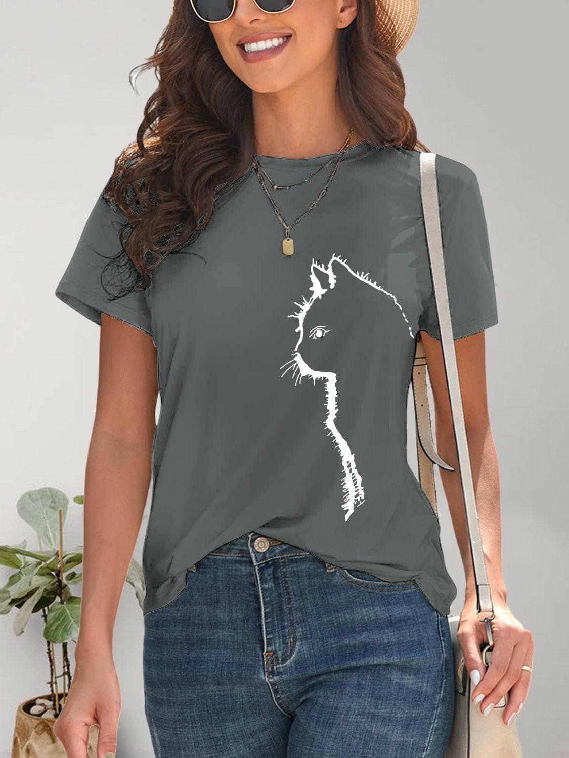 Stylish Cat Print Short Sleeve Tee - Love Salve 