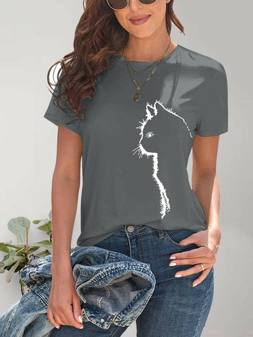 Stylish Cat Print Short Sleeve Tee - Love Salve 