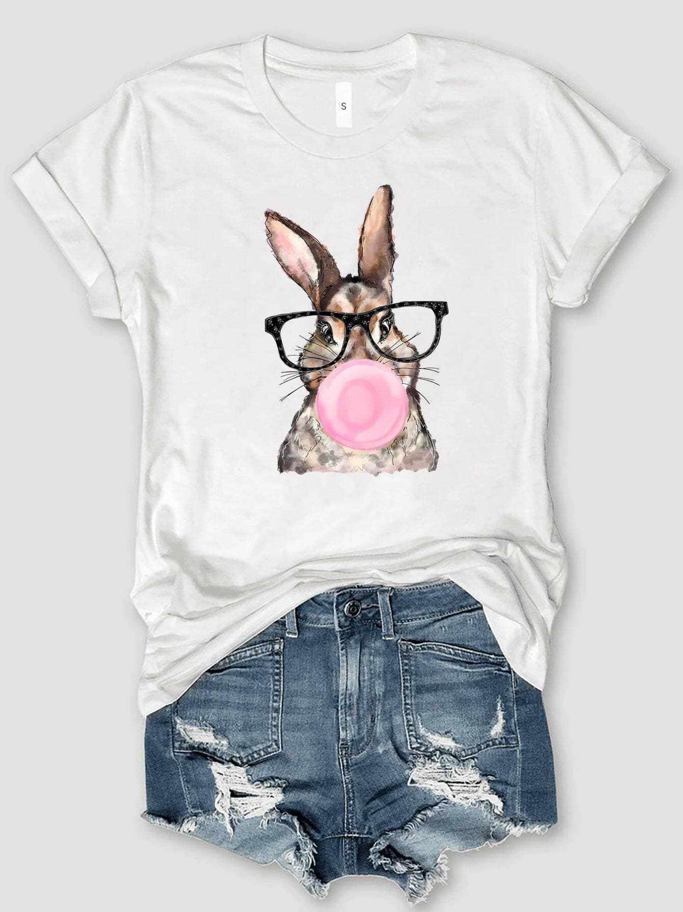 Rabbit Basic Style Polyester Round Neck T-Shirt - Love Salve 