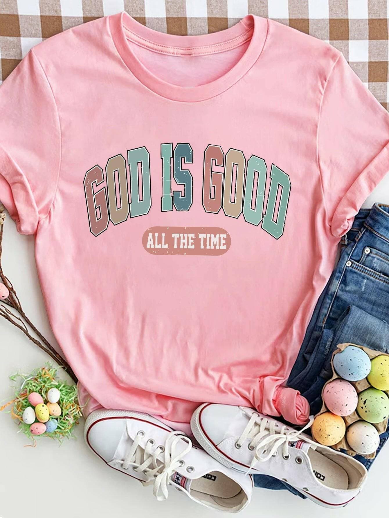 GOD IS GOOD ALL THE TIME Graphic Print TeeExperience Constant Positivity with the GOD IS GOOD ALL THE TIME Graphic Print Tee
 Embrace a simple yet impactful design that conveys a powerful message with this gLove Salve TIME Graphic Print TeeGraphic