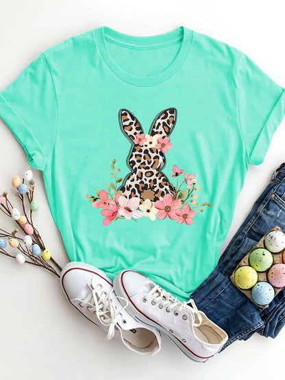 Rabbit Print Short Sleeve Tee with Round Neck - Love Salve 