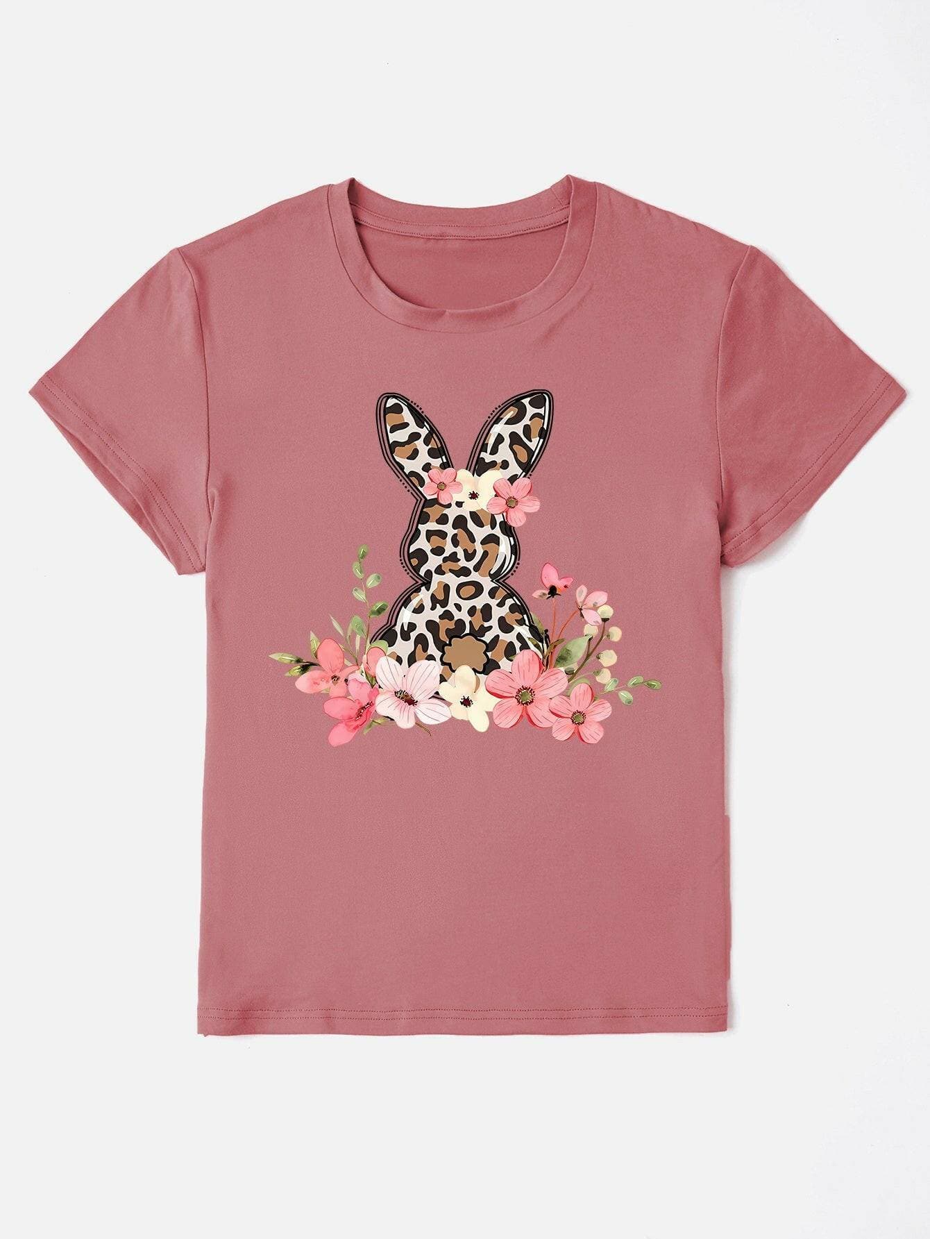 Rabbit Print Short Sleeve Tee with Round Neck - Love Salve 