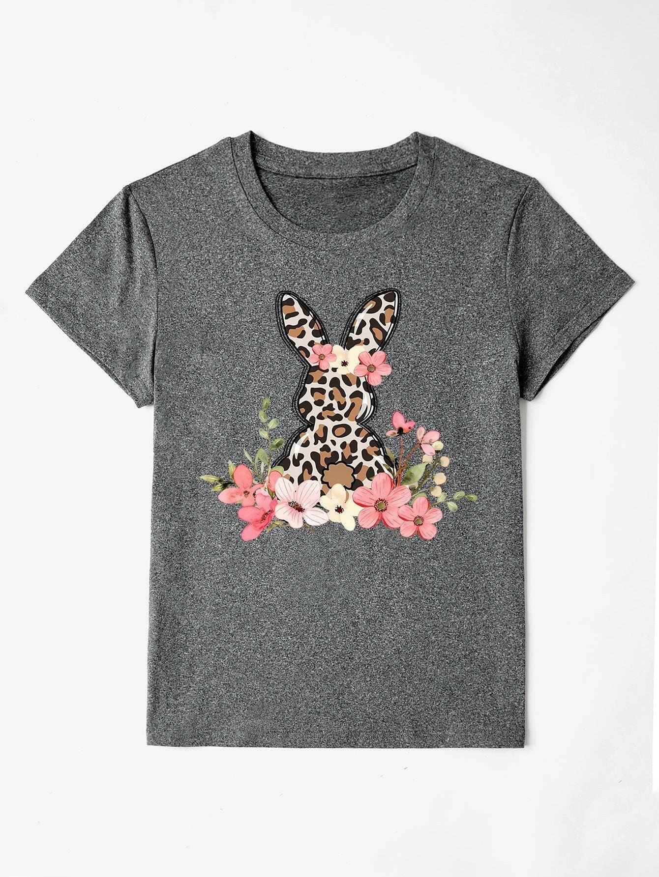 Rabbit Print Short Sleeve Tee with Round Neck - Love Salve 