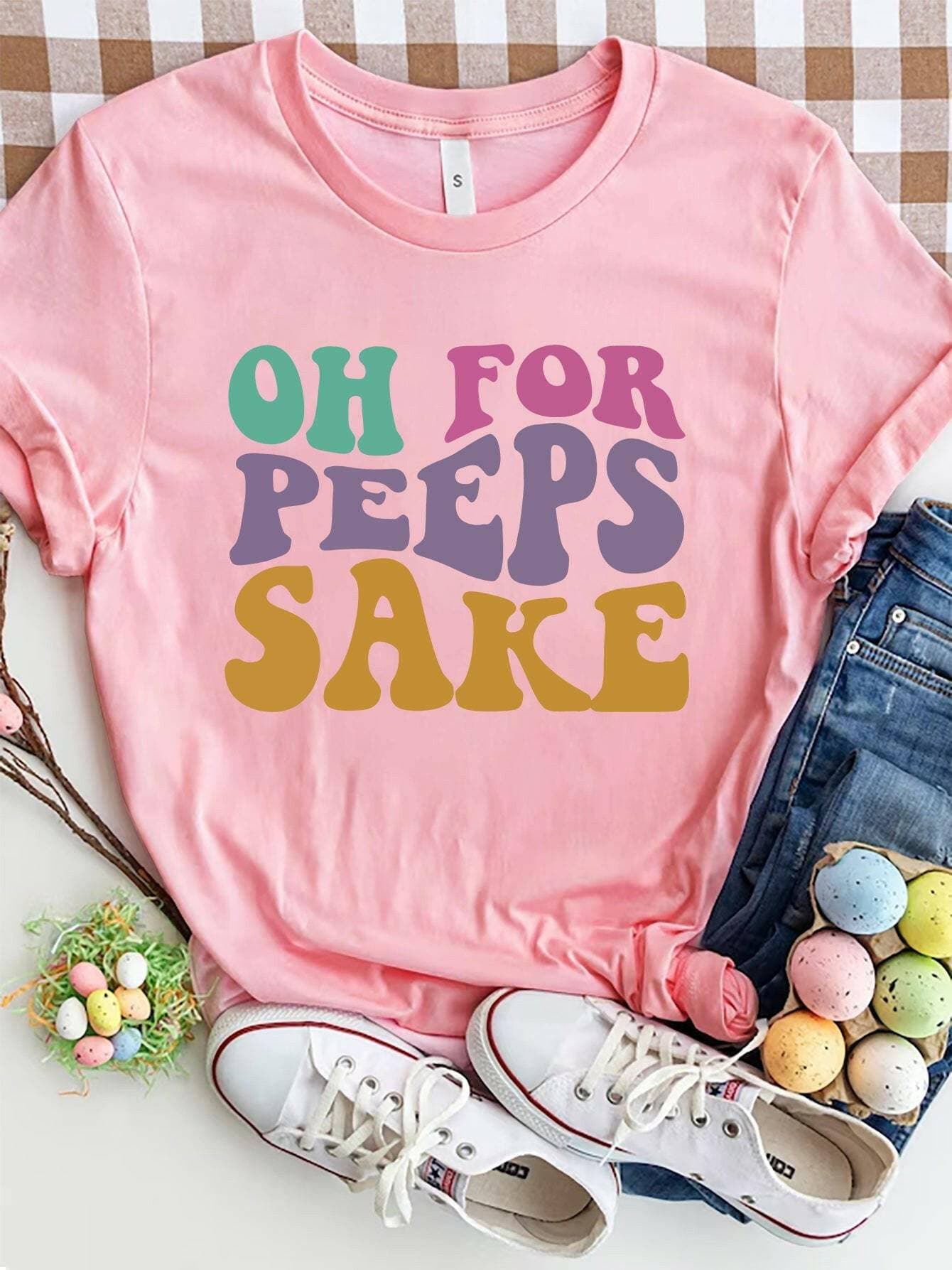 "FOR PEEPS SAKE" Stylish Round Neck Polyester T-ShirtUpgrade Your Style Game with Our "FOR PEEPS SAKE" T-Shirt
 Indulge in the perfect fusion of fashion and comfort with our "FOR PEEPS SAKE" Round Neck Polyester T-ShirLove Salve PEEPS SAKE" Stylish Round Neck PolyesterGraphic