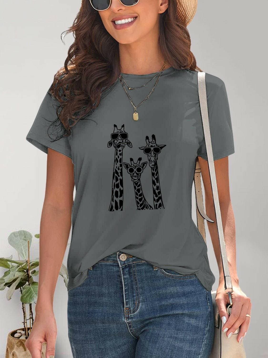 Giraffe Print Casual Round Neck Tee - Love Salve 