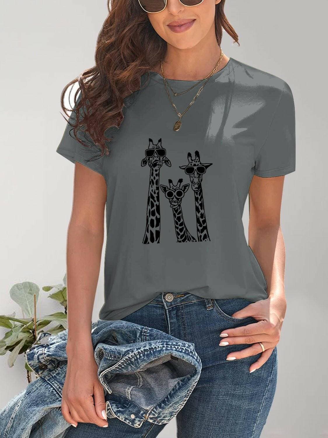 Giraffe Print Casual Round Neck Tee - Love Salve 