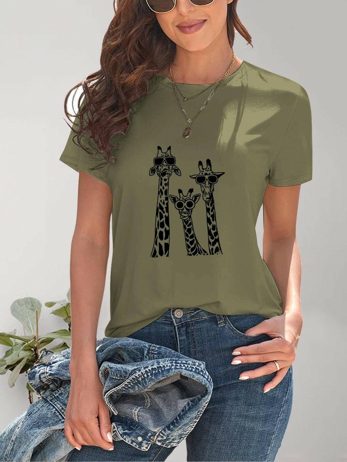 Giraffe Print Casual Round Neck Tee - Love Salve 