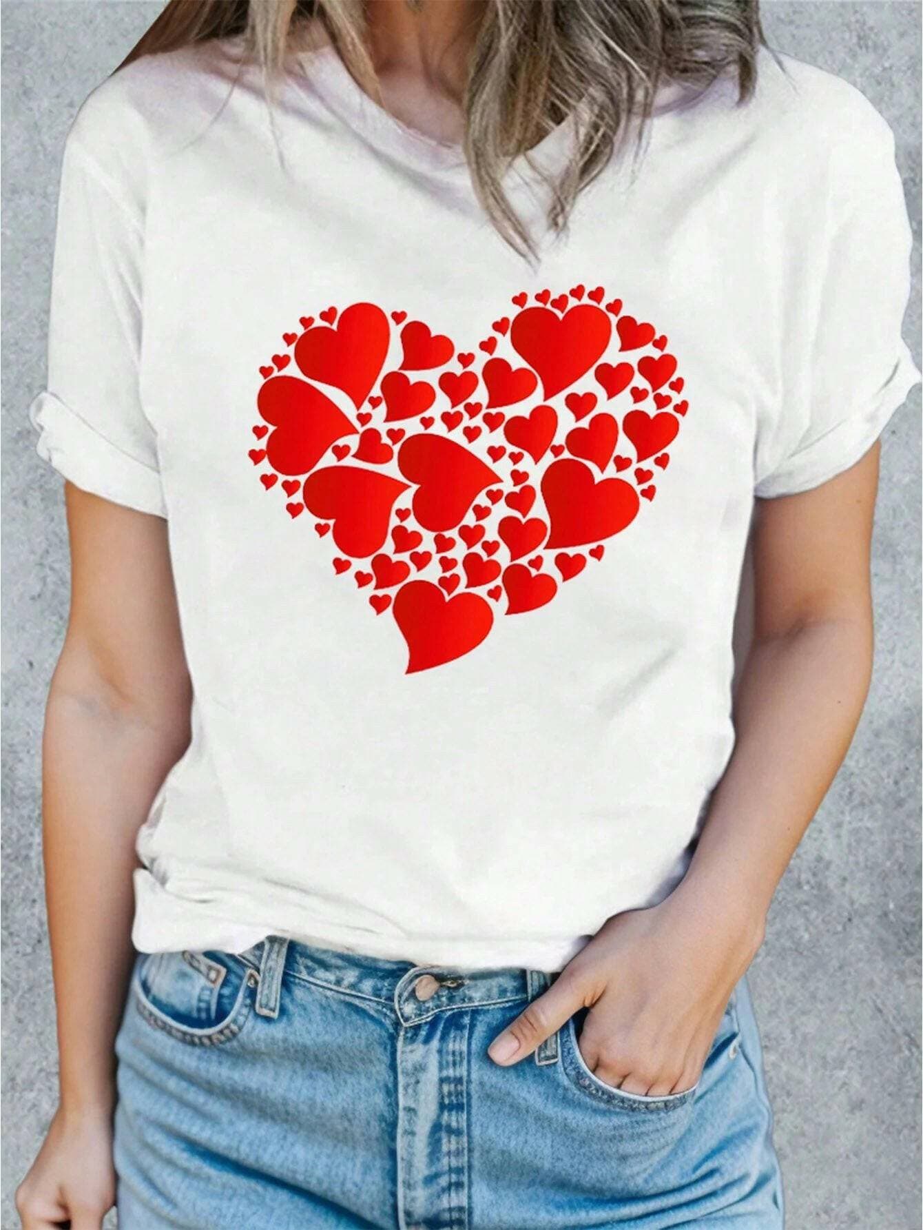 Heart Patterned Crew Neck Short Sleeve Tee - Love Salve 