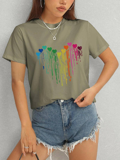 Heart Print Crew Neck Short Sleeve Tee - Love Salve 