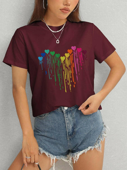 Heart Print Crew Neck Short Sleeve Tee - Love Salve 