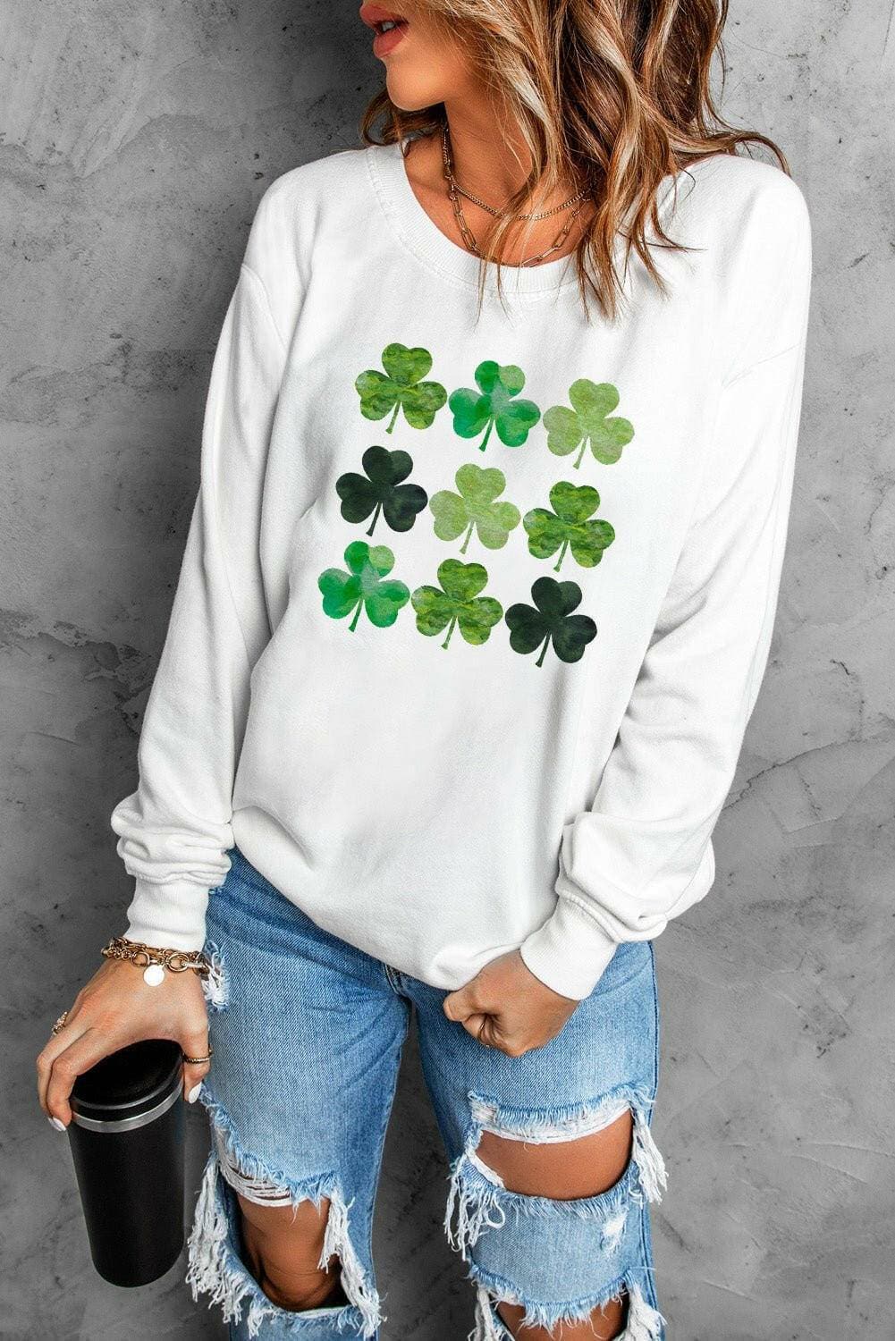 Lucky Clover Drop Shoulder Sweatshirt with Sheer Detail - Love Salve 