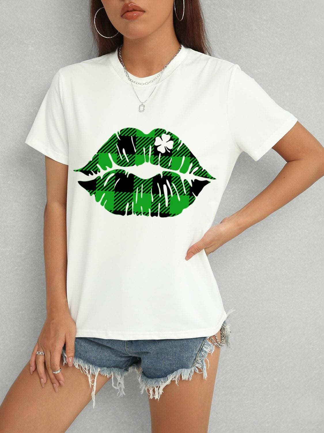 Plaid Lip Graphic Tee with Round Neck - Love Salve 