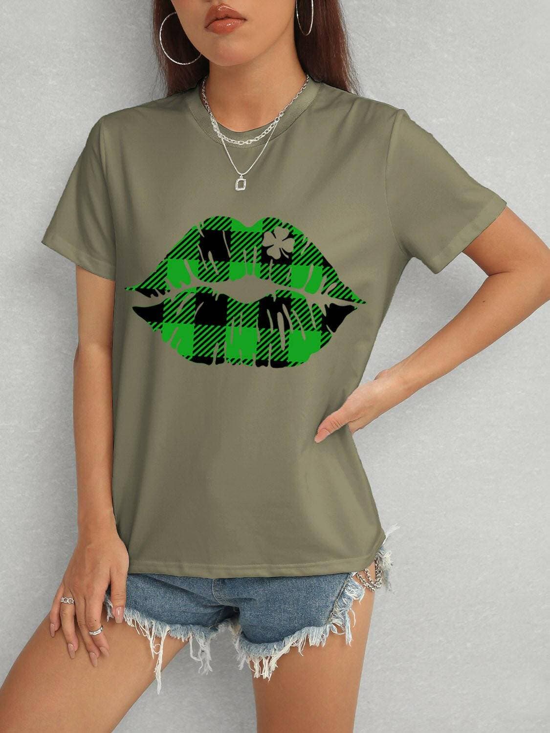 Plaid Lip Graphic Tee with Round Neck - Love Salve 