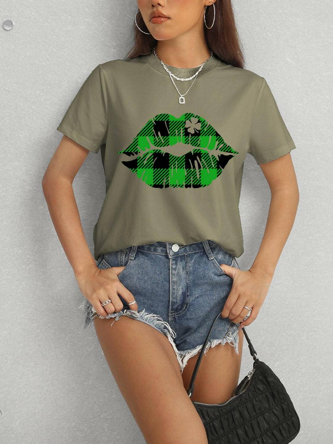 Plaid Lip Graphic Tee with Round Neck - Love Salve 