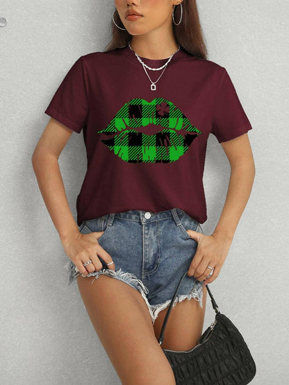 Plaid Lip Graphic Tee with Round Neck - Love Salve 