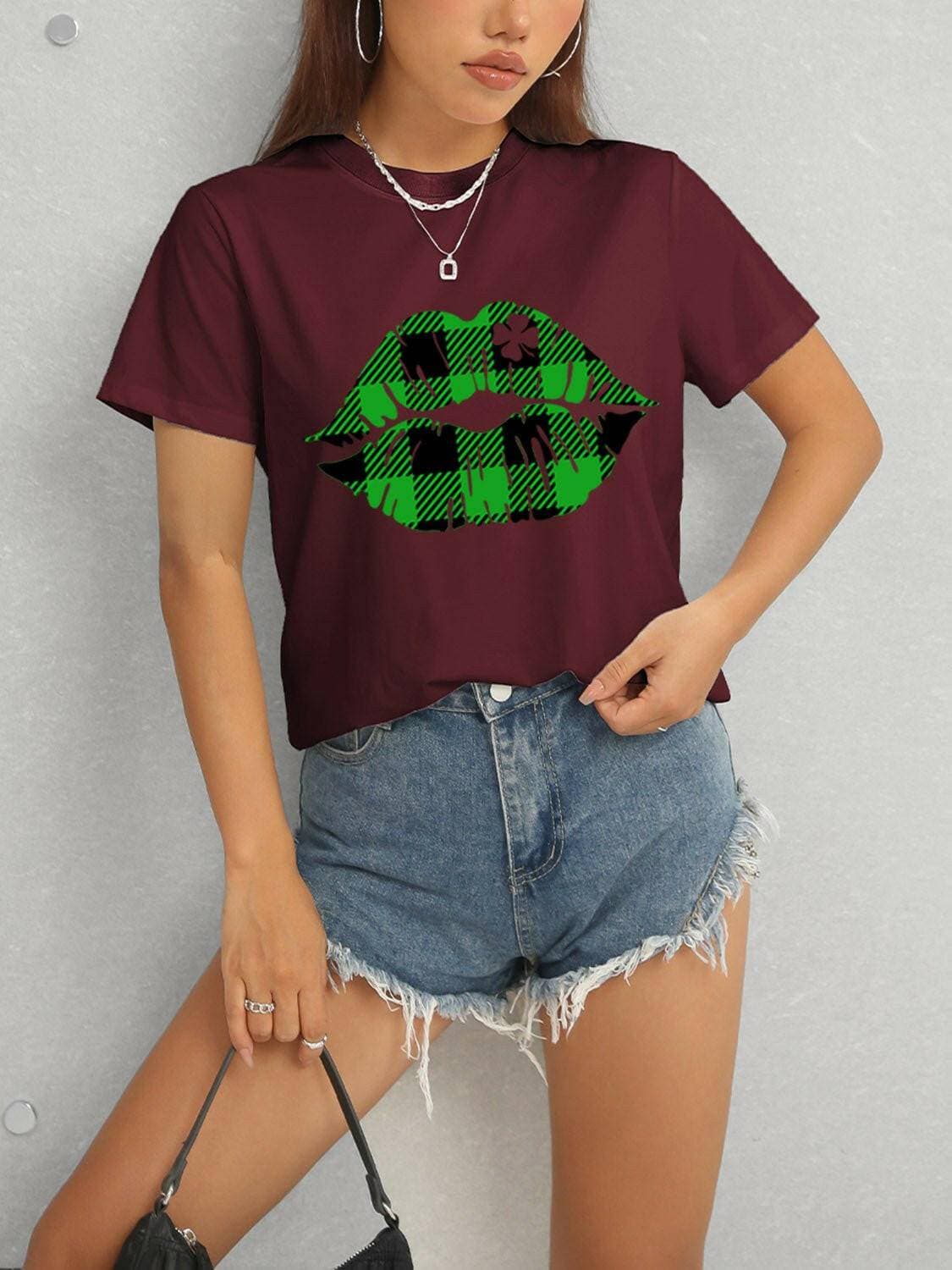 Plaid Lip Graphic Tee with Round Neck - Love Salve 