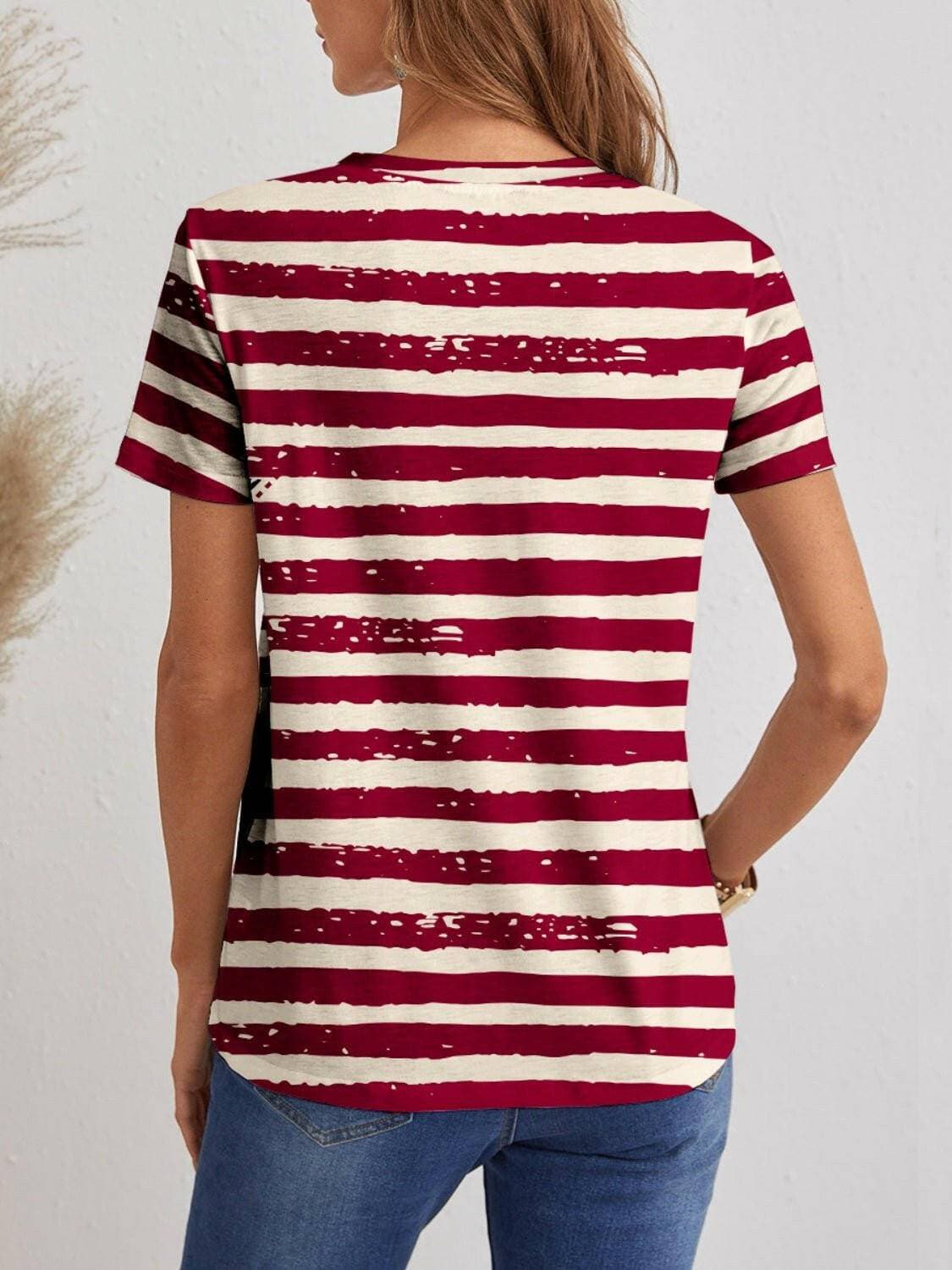 Classic V-Neck Striped Tee with Stretchy FabricUpgrade Your Wardrobe with Our Classic V-Neck Striped Tee
 
 
Timeless Elegance: Elevate your everyday style with this classic v-neck t-shirt featuring a chic stripeLove Salve -Neck Striped TeeGraphic