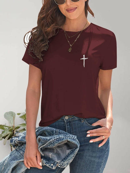 Graphic Cross Print Crew Neck Tee - Love Salve 