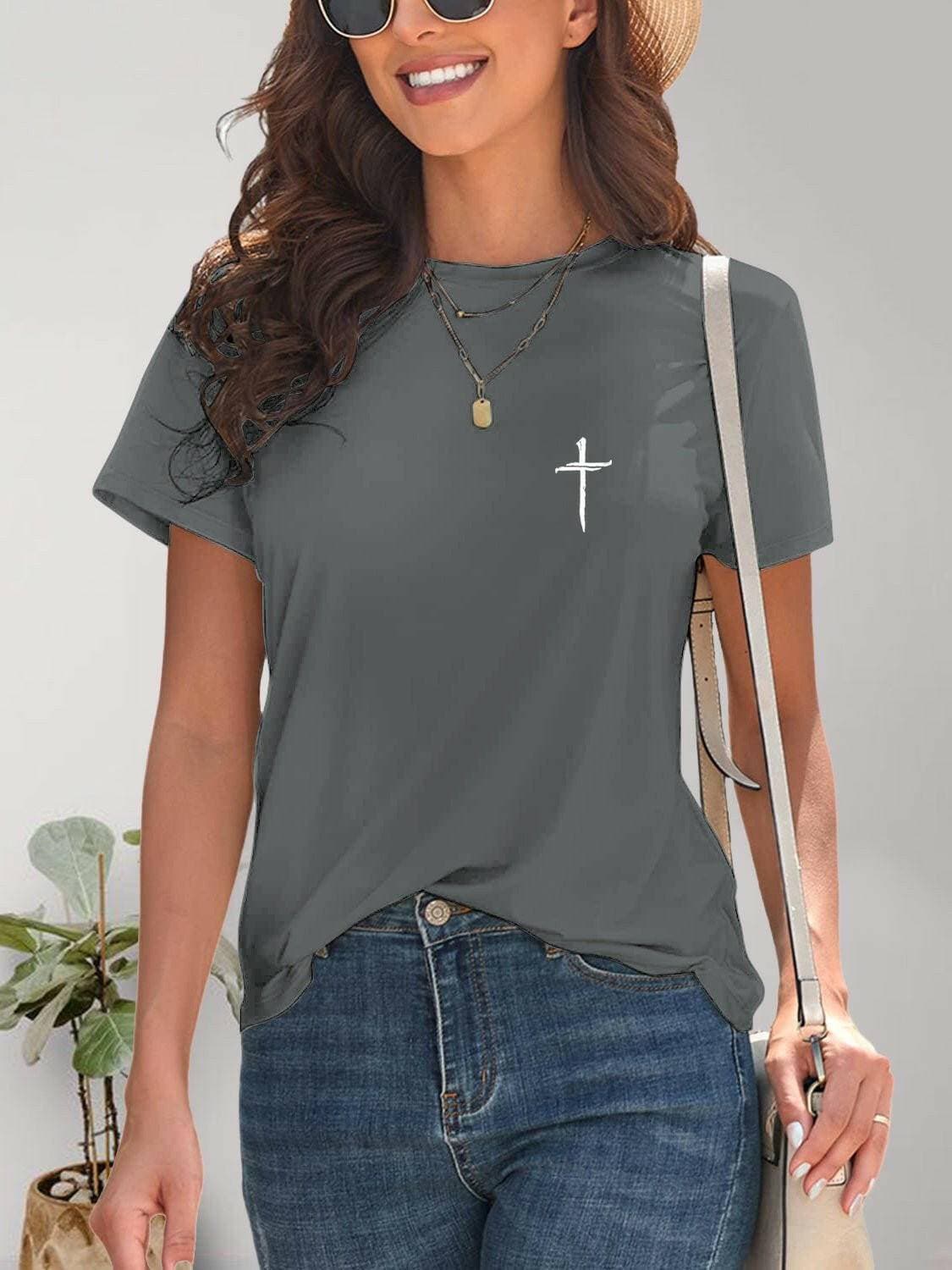 Graphic Cross Print Crew Neck Tee - Love Salve 