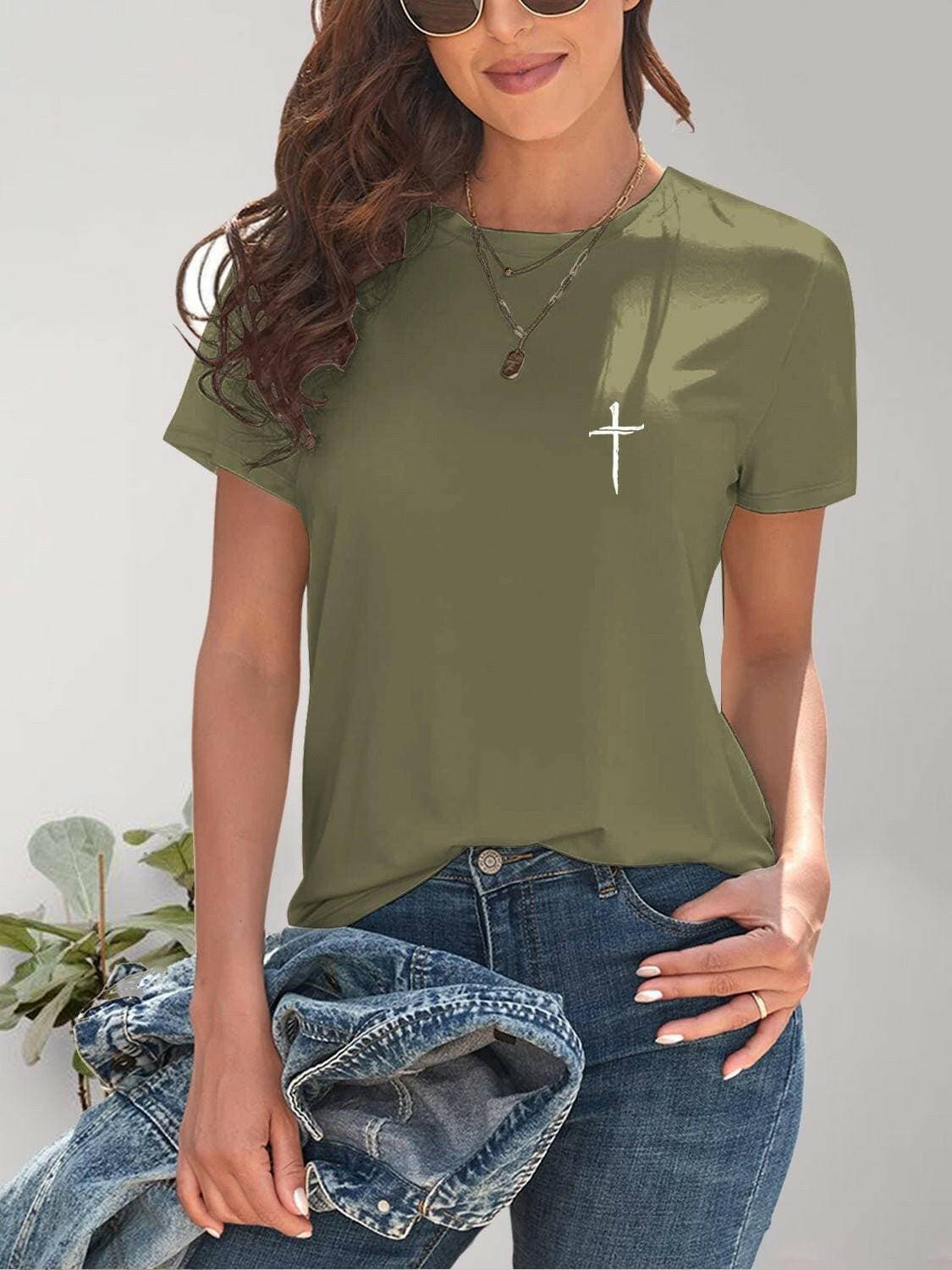 Graphic Cross Print Crew Neck Tee - Love Salve 