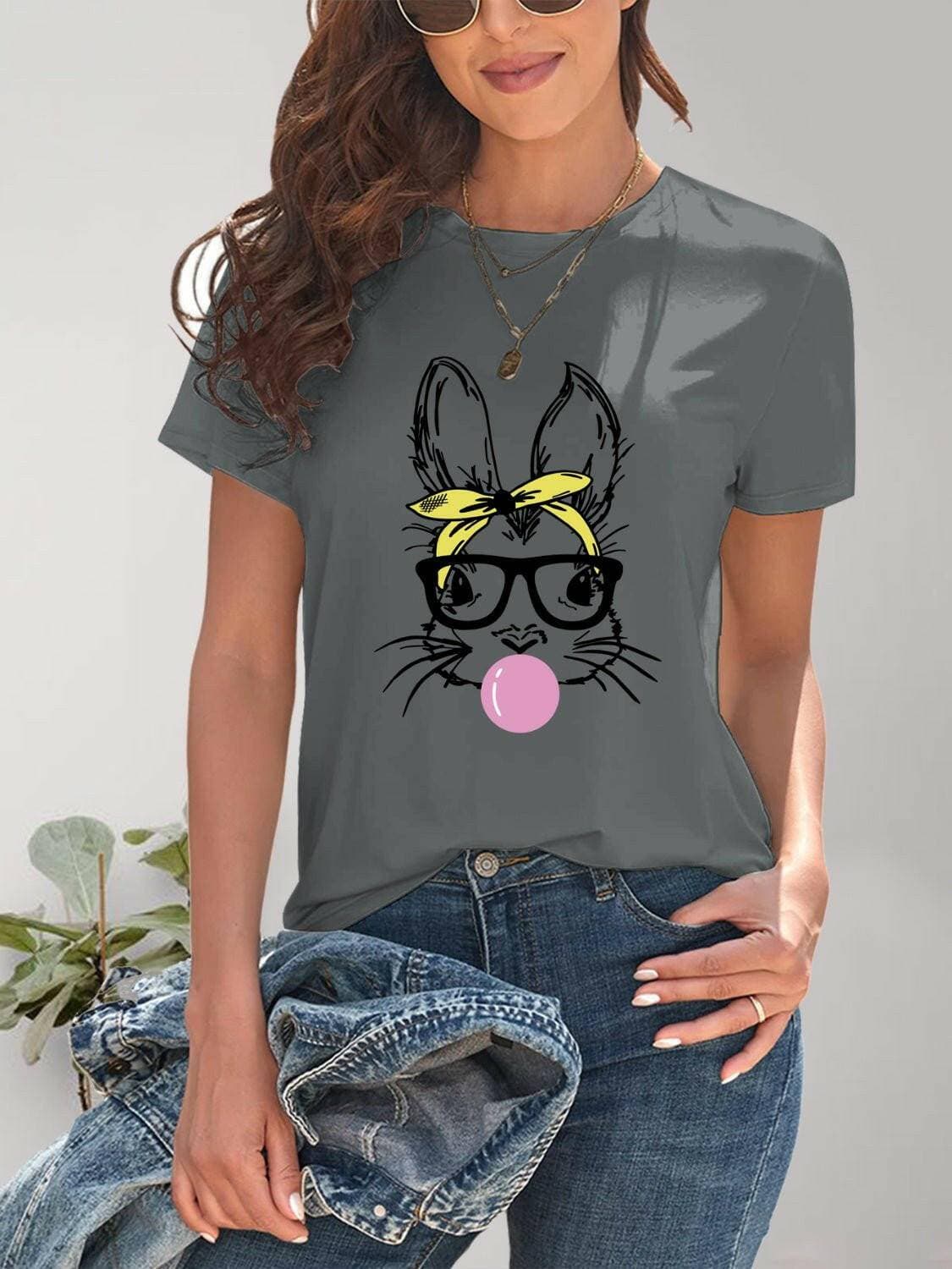 Playful Bunny Print Casual Round Neck Tee - Love Salve 