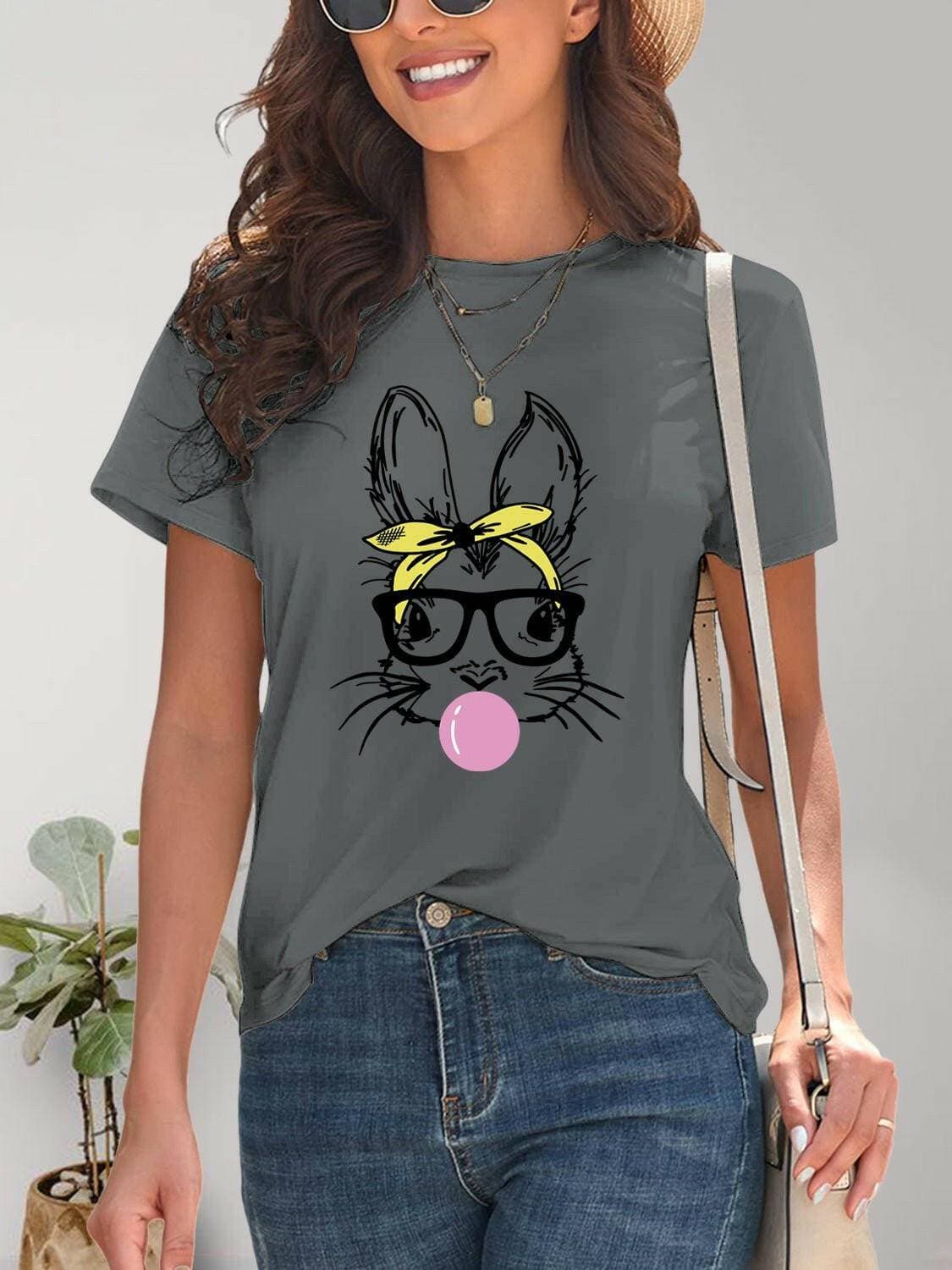 Playful Bunny Print Casual Round Neck Tee - Love Salve 