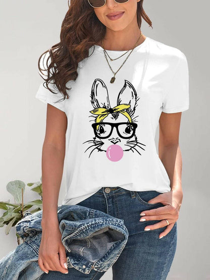 Playful Bunny Print Casual Round Neck Tee - Love Salve 