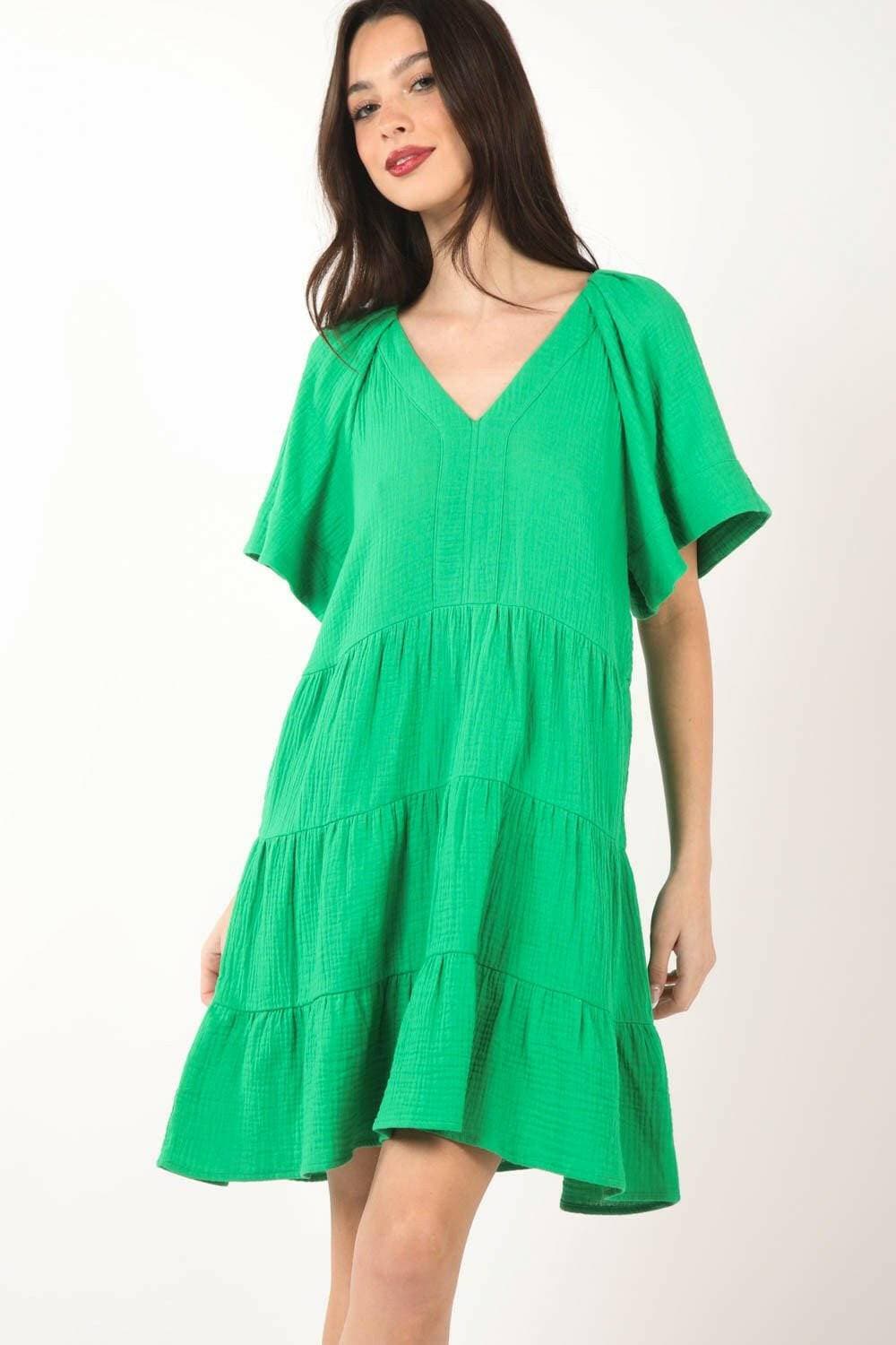 Tiered Elegance Ruffled Dress with Textured V-Neck - Love Salve 