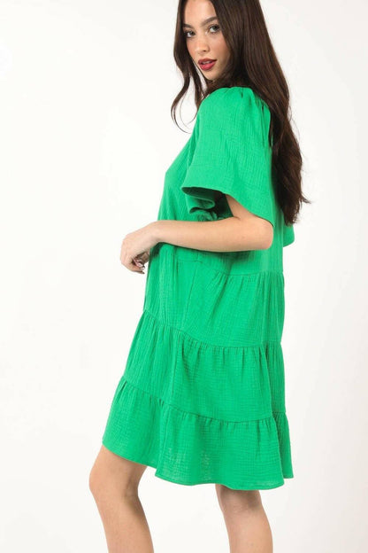 Tiered Elegance Ruffled Dress with Textured V-Neck - Love Salve 