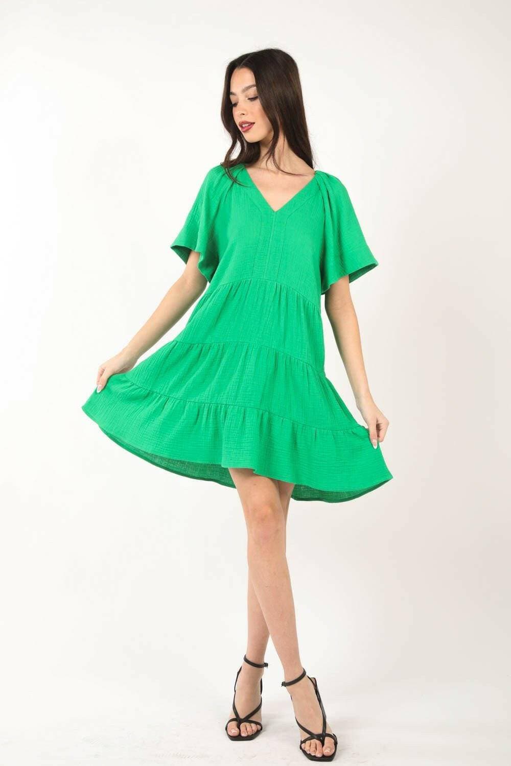 Tiered Elegance Ruffled Dress with Textured V-Neck - Love Salve 