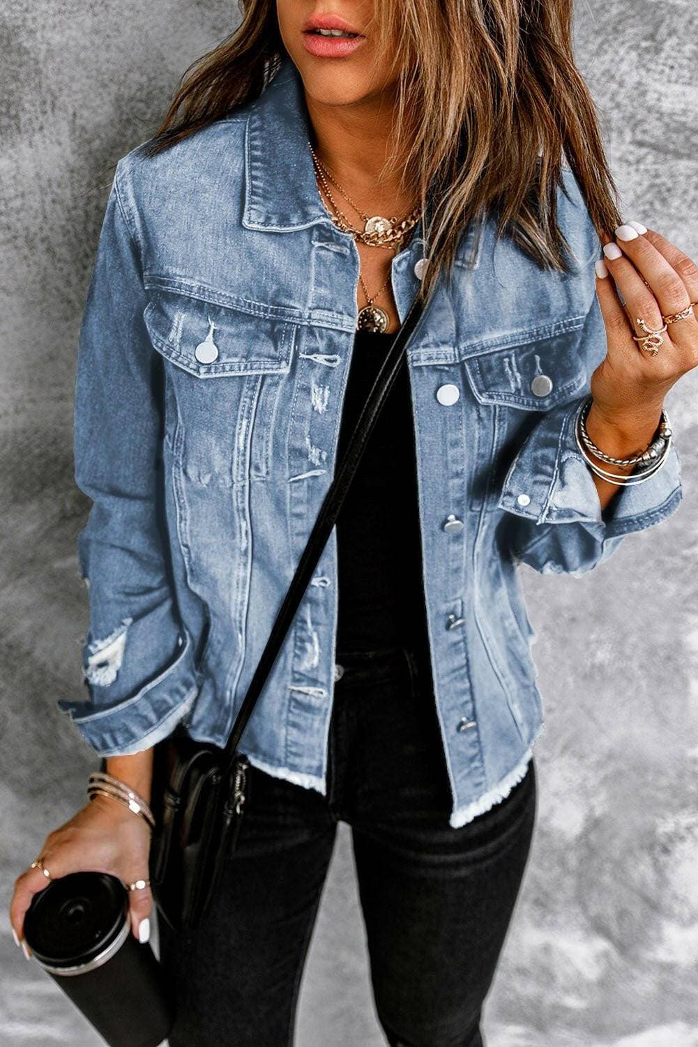 Distressed Raw Hem Denim JacketUpgrade Your Style

Elevate your wardrobe with the Distressed Raw Hem Denim Jacket, a perfect blend of casual chic and edgy sophistication. Designed with a cropped lLove Salve Distressed Raw Hem Denim Jacketjeans