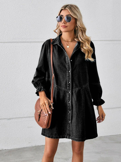 Flounce Sleeve Denim Shirt Dress with Button DetailChic Design
Elevate your wardrobe with our Flounce Sleeve Denim Shirt Dress, which masterfully blends the timeless appeal of a classic button-up shirt dress with theLove Salve Flounce Sleeve Denim Shirt Dressjeans