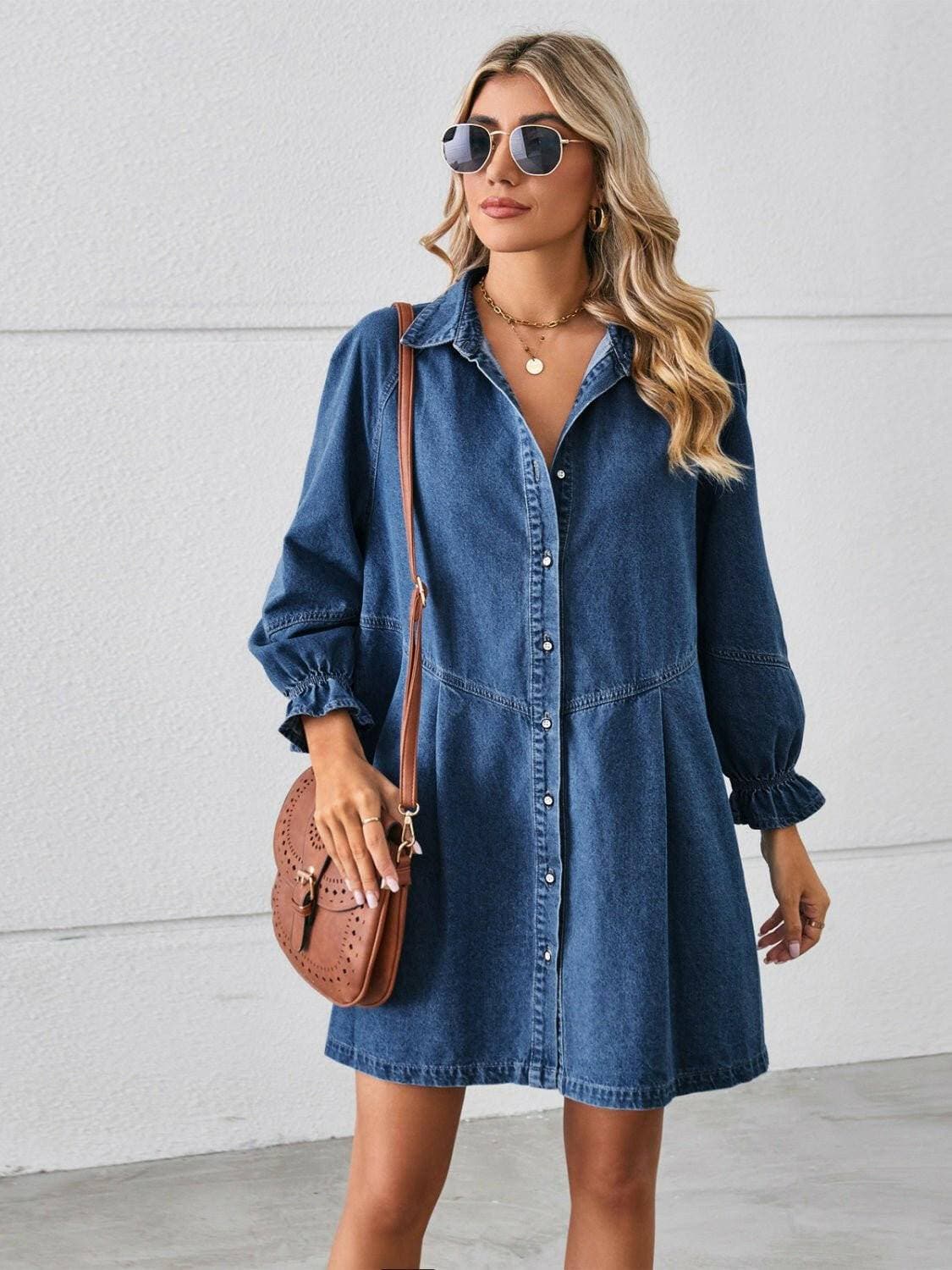 Flounce Sleeve Denim Shirt Dress with Button DetailChic Design
Elevate your wardrobe with our Flounce Sleeve Denim Shirt Dress, which masterfully blends the timeless appeal of a classic button-up shirt dress with theLove Salve Flounce Sleeve Denim Shirt Dressjeans