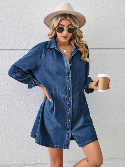 Flounce Sleeve Denim Shirt Dress with Button DetailChic Design
Elevate your wardrobe with our Flounce Sleeve Denim Shirt Dress, which masterfully blends the timeless appeal of a classic button-up shirt dress with theLove Salve Flounce Sleeve Denim Shirt Dressjeans