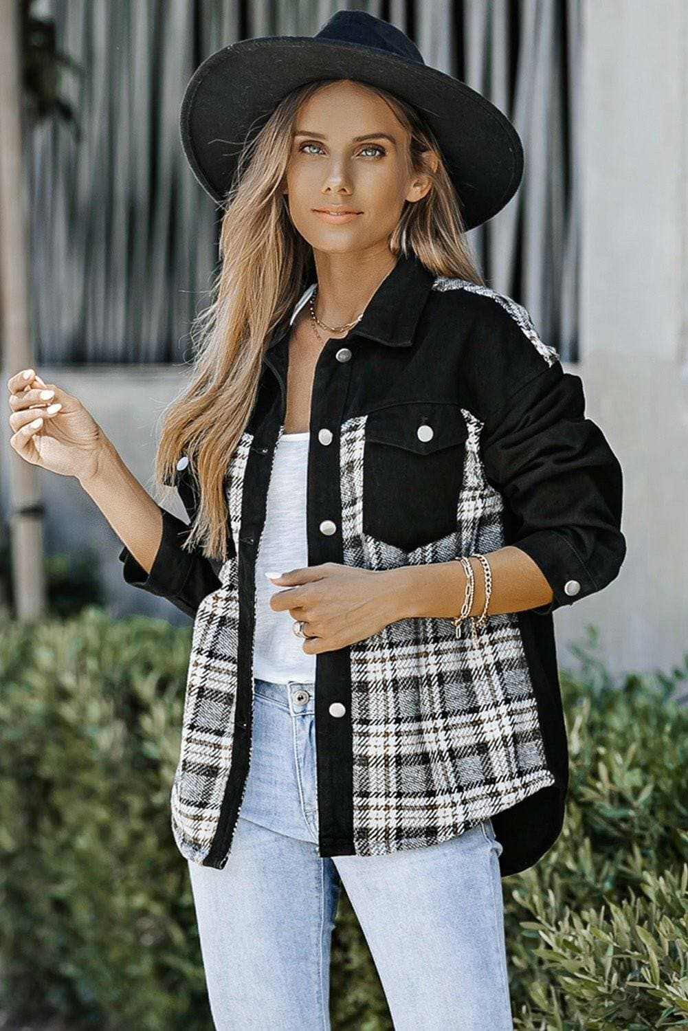 Plaid pocket denim jacket - stylish, versatile - Love Salve 