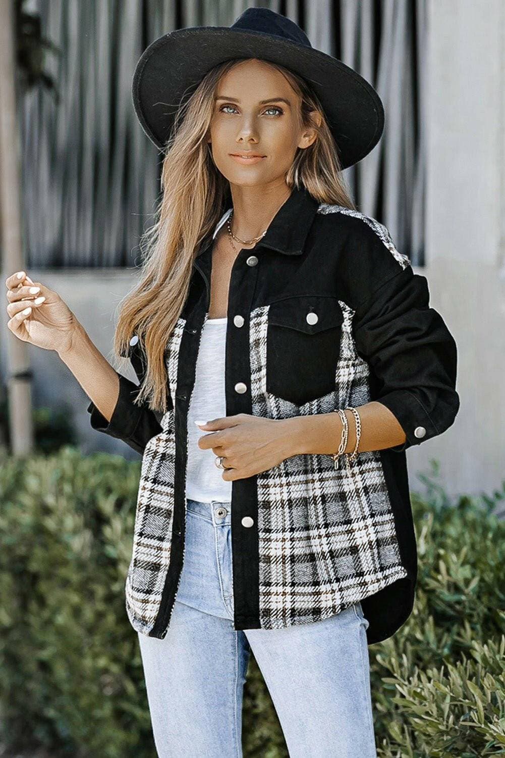 Chic plaid pocket denim jacket with functional front buttons and stylish pockets