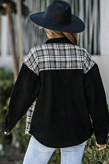 Chic plaid pocket denim jacket with functional front buttons and stylish pockets