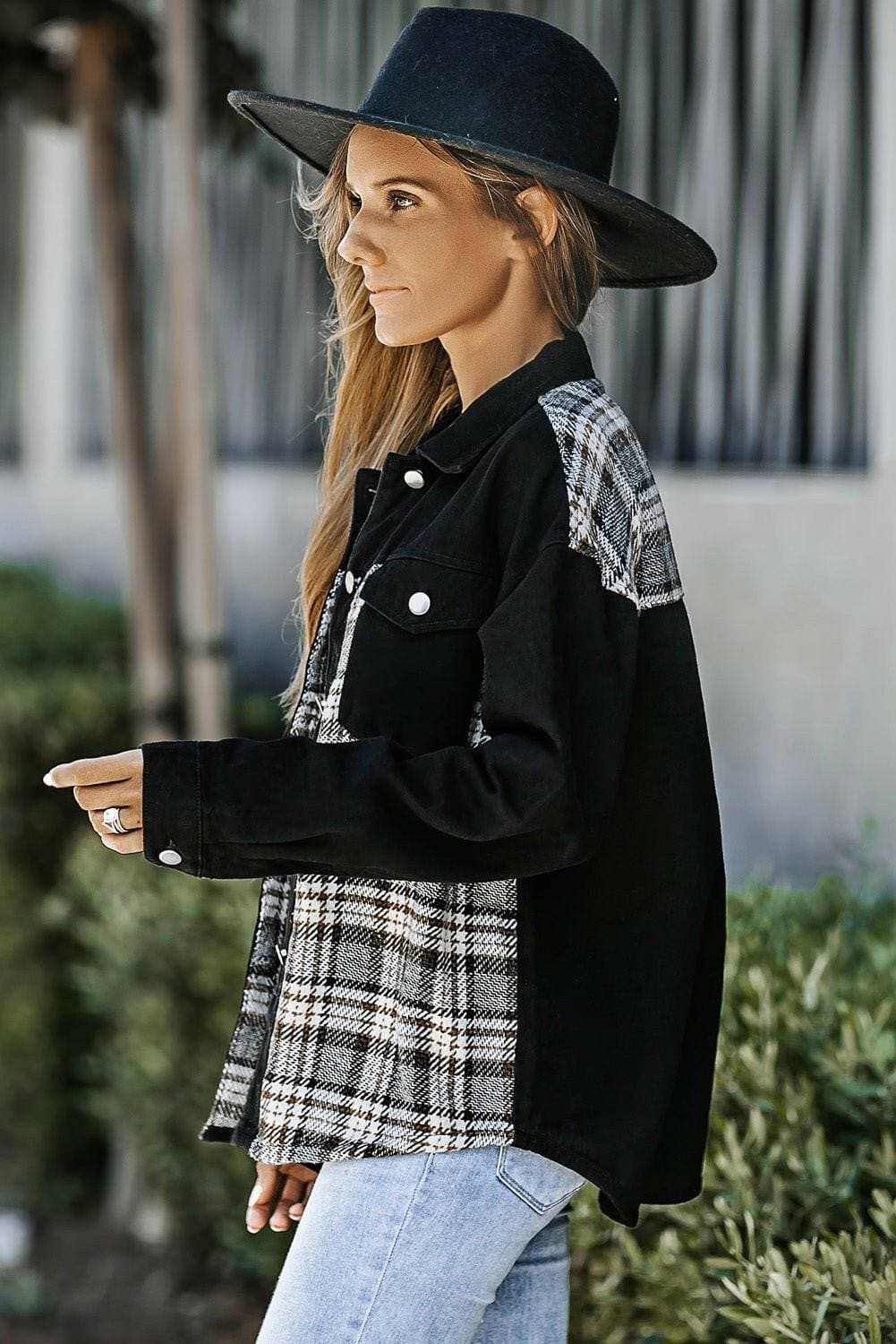 Plaid pocket denim jacket - stylish, versatile - Love Salve 