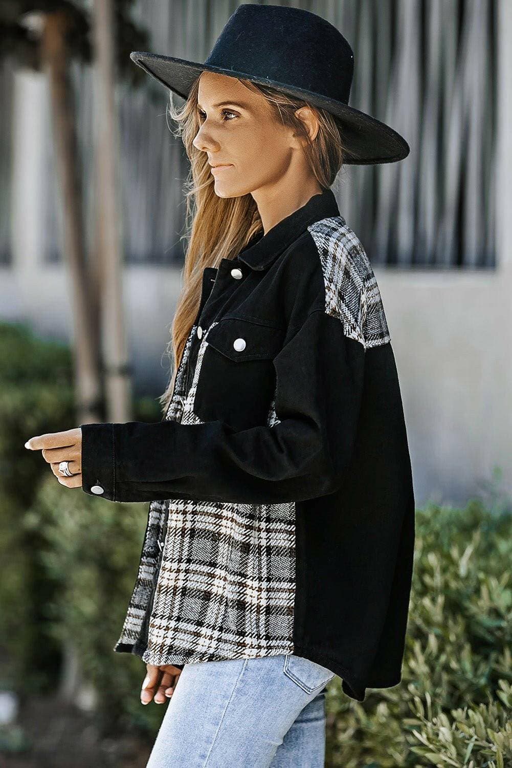 Chic plaid pocket denim jacket with functional front buttons and stylish pockets