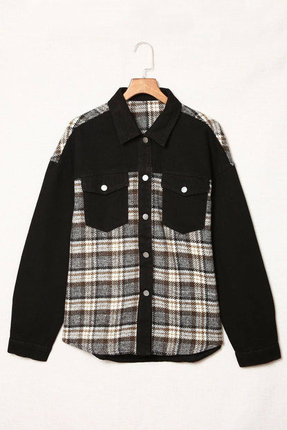 Chic plaid pocket denim jacket with functional front buttons and stylish pockets