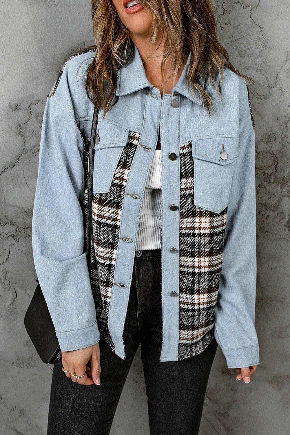 Plaid pocket denim jacket - stylish, versatile - Love Salve 
