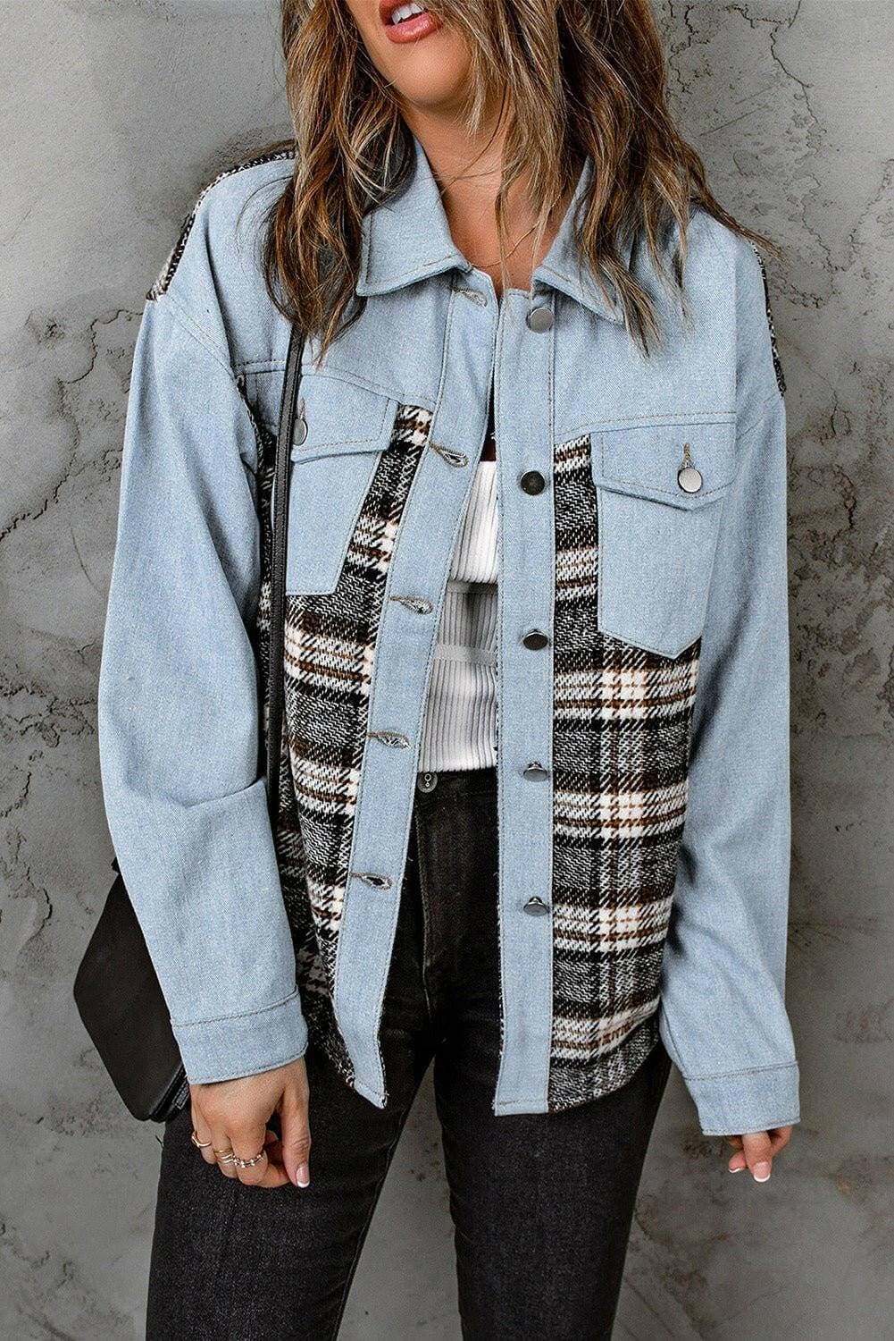 Chic plaid pocket denim jacket with functional front buttons and stylish pockets